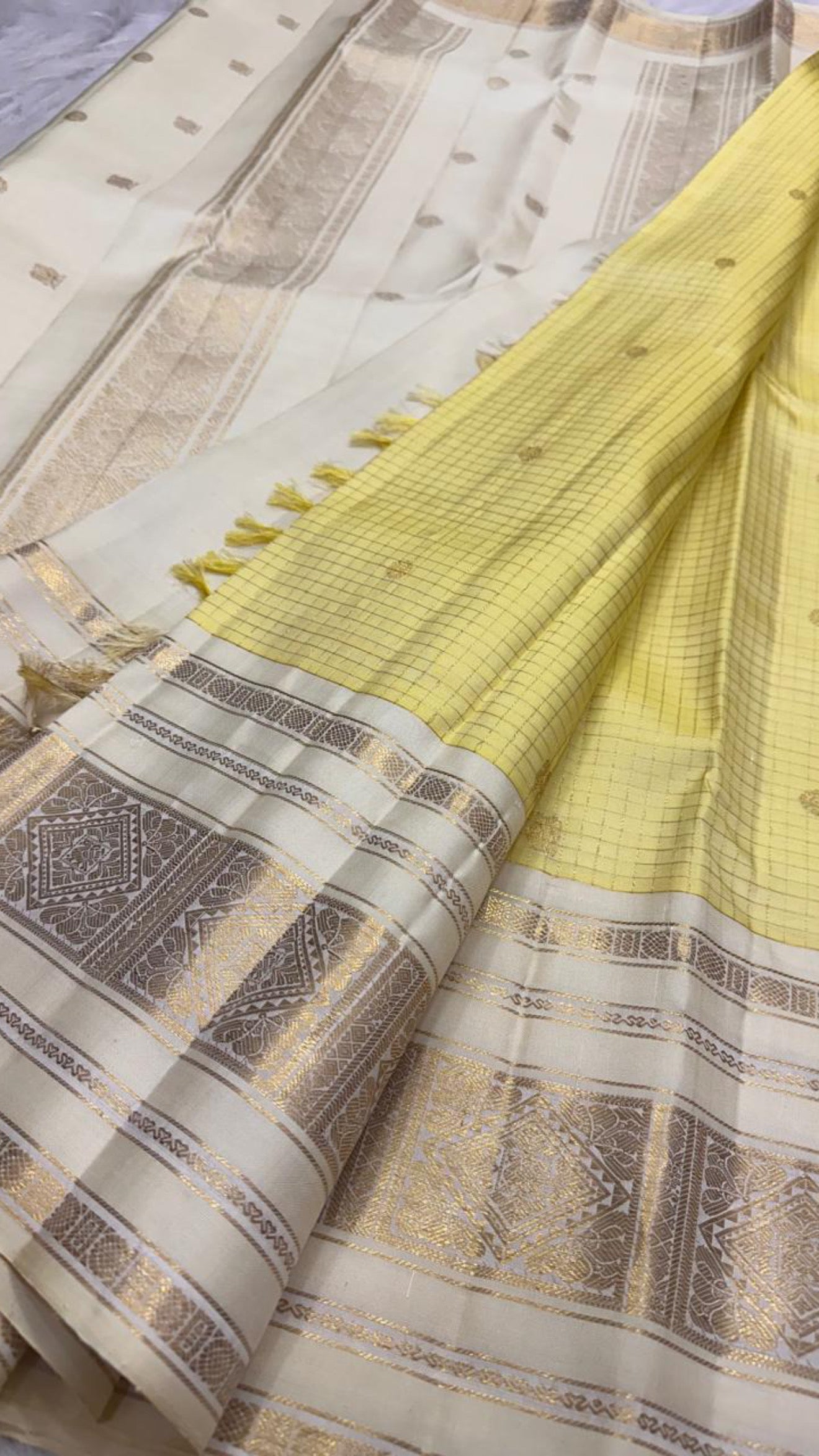 Butter Yellow Handwoven Pure Silk Kanchipuram Saree with Varisaipet Weave and Ivory Gold Zari Border