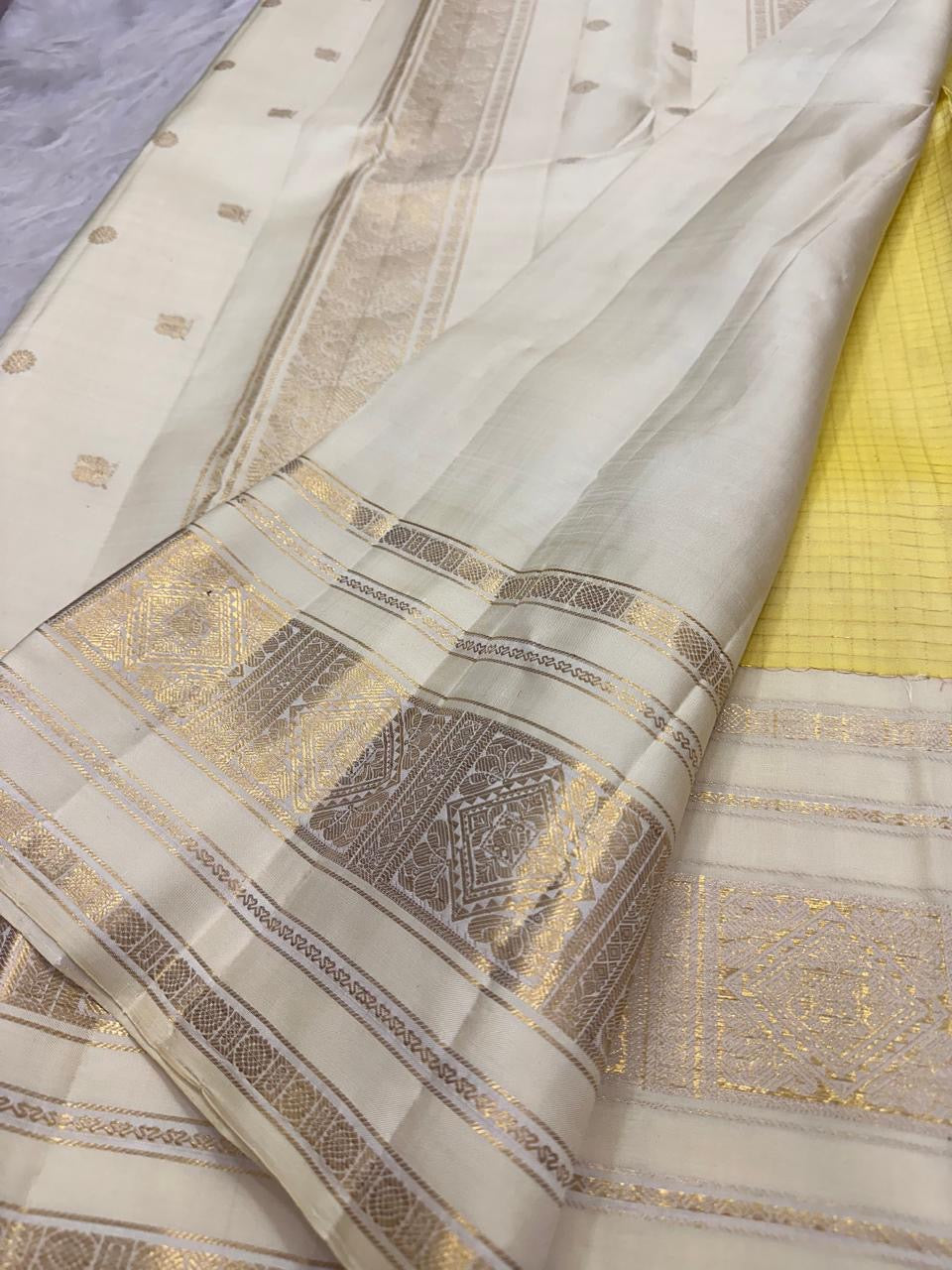 Butter Yellow Handwoven Pure Silk Kanchipuram Saree with Varisaipet Weave and Ivory Gold Zari Border