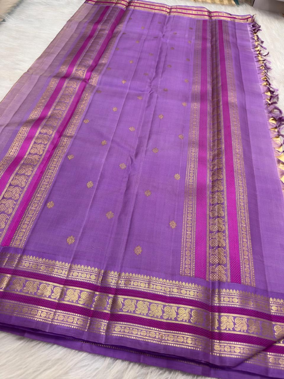 Buttercream Ivory Handwoven Pure Silk Kanchipuram Saree with Oodha Purple Varisaipet Zari Border