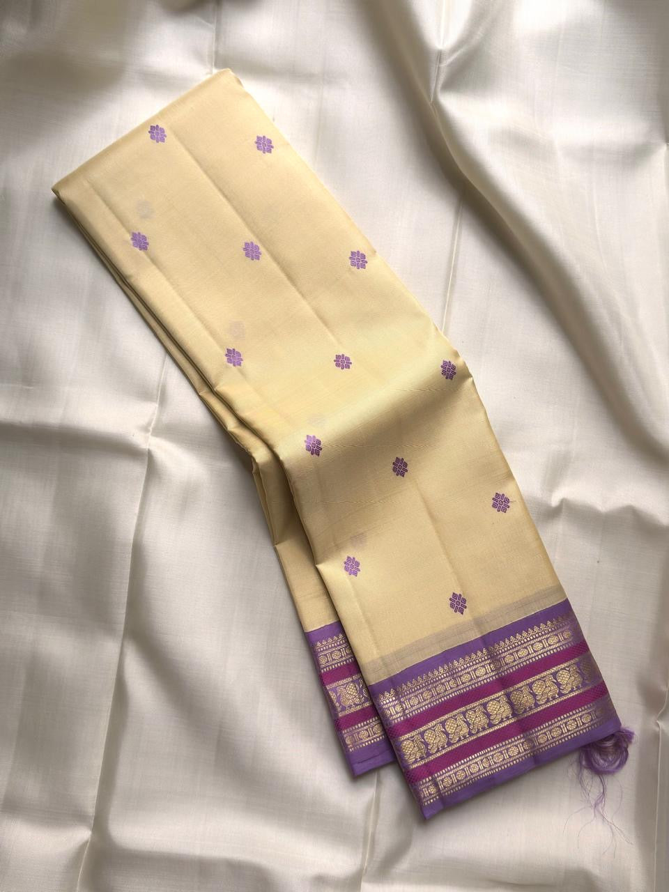 Buttercream Ivory Handwoven Pure Silk Kanchipuram Saree with Oodha Purple Varisaipet Zari Border