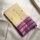 Buttercream Ivory Handwoven Pure Silk Kanchipuram Saree with Oodha Purple Varisaipet Zari Border