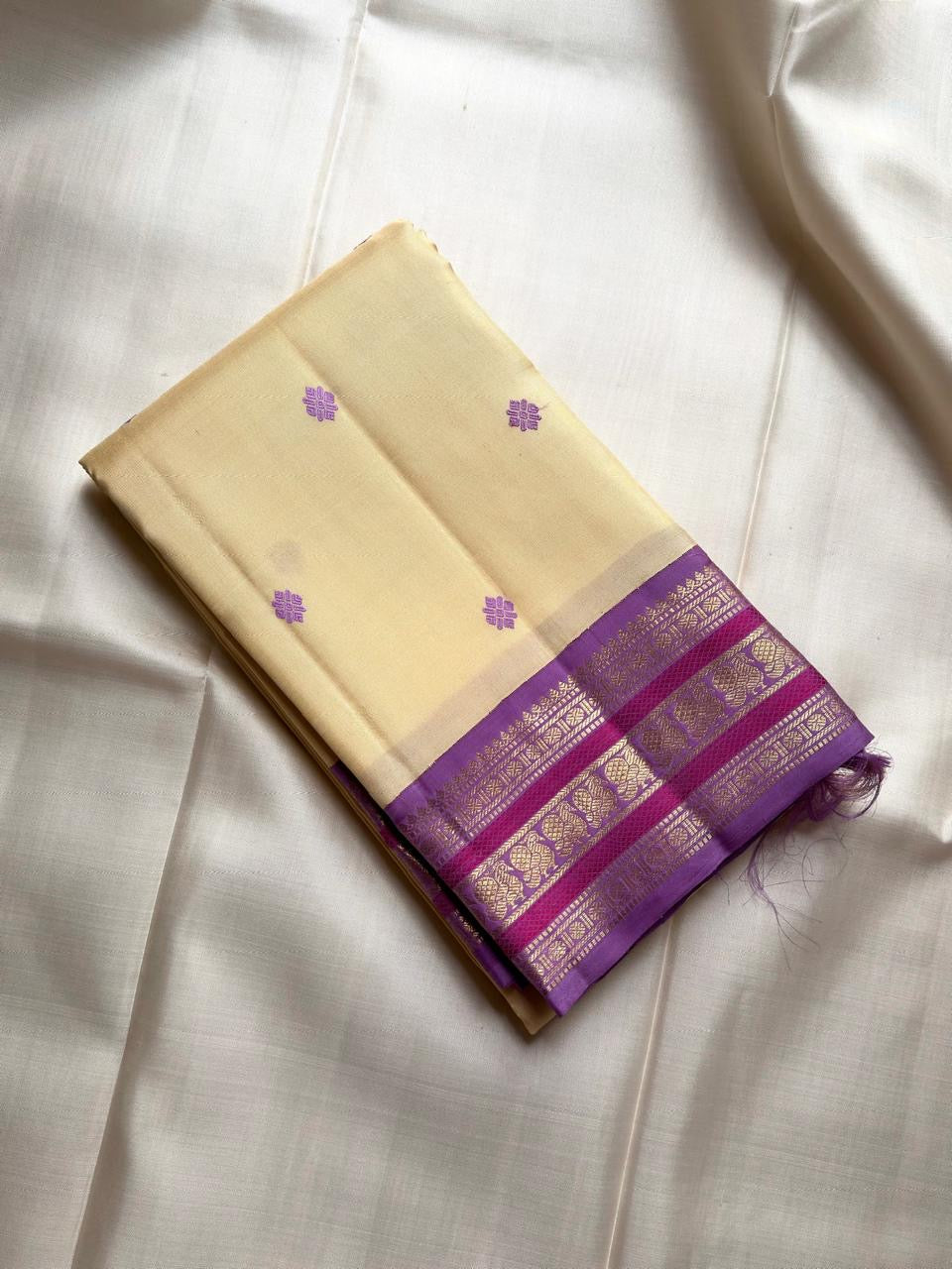 Buttercream Ivory Handwoven Pure Silk Kanchipuram Saree with Oodha Purple Varisaipet Zari Border