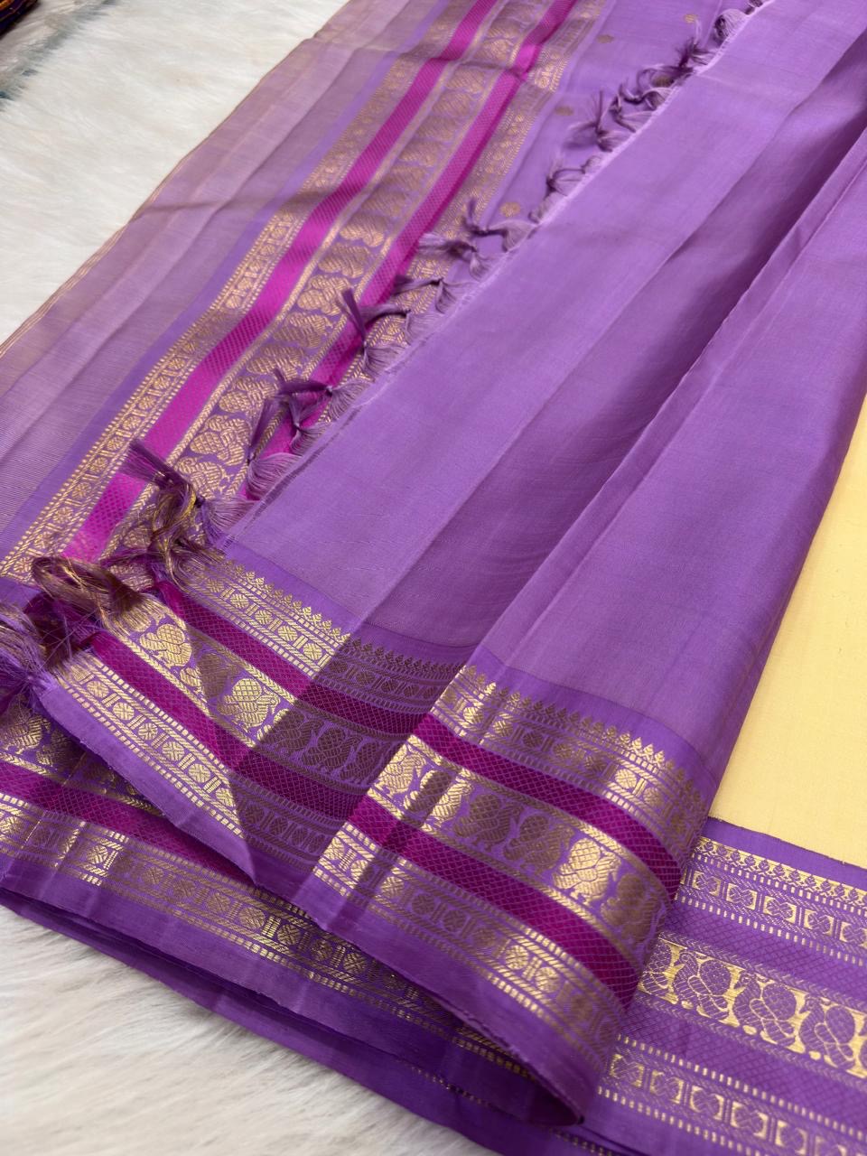 Buttercream Ivory Handwoven Pure Silk Kanchipuram Saree with Oodha Purple Varisaipet Zari Border