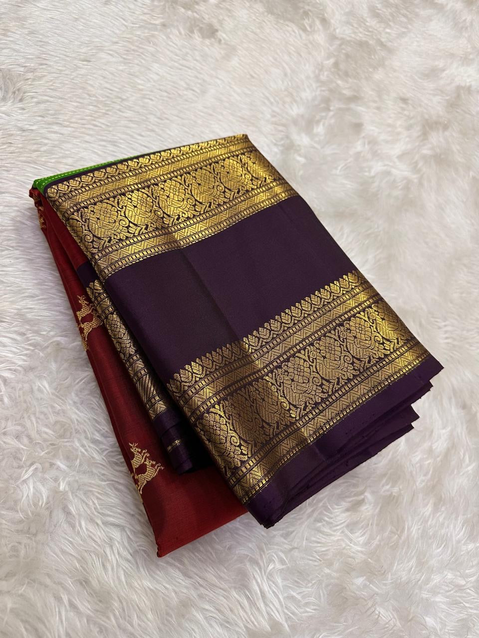 Authentic Kancheepuram Rettapet silk saree with aubergine purple and contrasting rust red heirloom palette