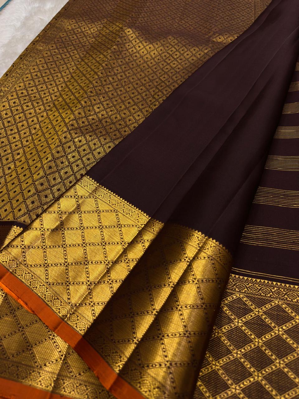 Deep Aubergine Brown Handwoven Pure Silk Kanjipuram Saree with Zari Kattam and Antique Gold Diamond Border