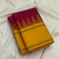 Deep arakku red and canary yellow handwoven pure silk Kancheepuram saree with Pattupet body and Thazhampoo Reku Korvai border overview