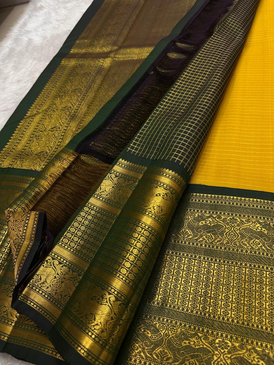 Canary Yellow and Deep Forest Green Handwoven Pure Silk KanchiPattu Saree with Vanasringaram Yaanai Border