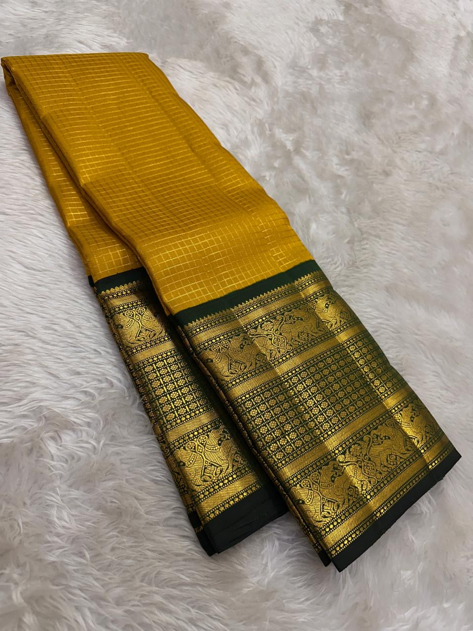Canary Yellow and Deep Forest Green Handwoven Pure Silk KanchiPattu Saree with Vanasringaram Yaanai Border