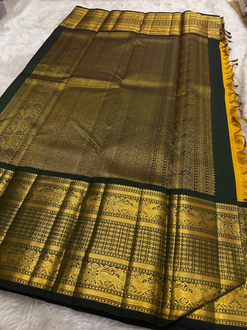 Canary Yellow and Deep Forest Green Handwoven Pure Silk KanchiPattu Saree with Vanasringaram Yaanai Border