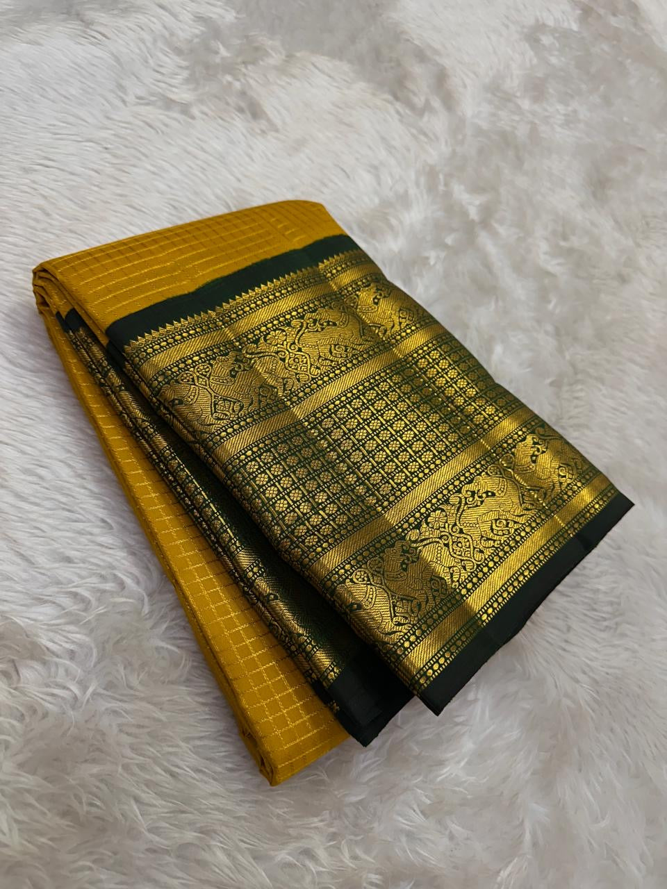 Canary Yellow and Deep Forest Green Handwoven Pure Silk KanchiPattu Saree with Vanasringaram Yaanai Border
