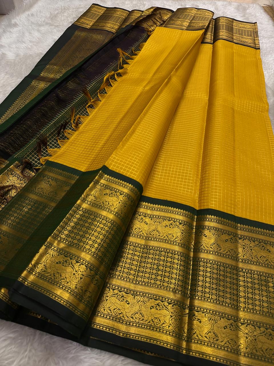 Canary Yellow and Deep Forest Green Handwoven Pure Silk KanchiPattu Saree with Vanasringaram Yaanai Border
