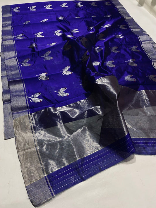 Celestial Blue Pure Silk Chanderi Saree drape showcasing Silver Bird Butta Border