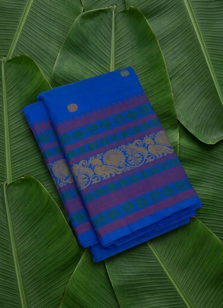 Cerulean blue handwoven Kanjivaram pure silk saree with kamalam butta and pattupet border — Idam Living