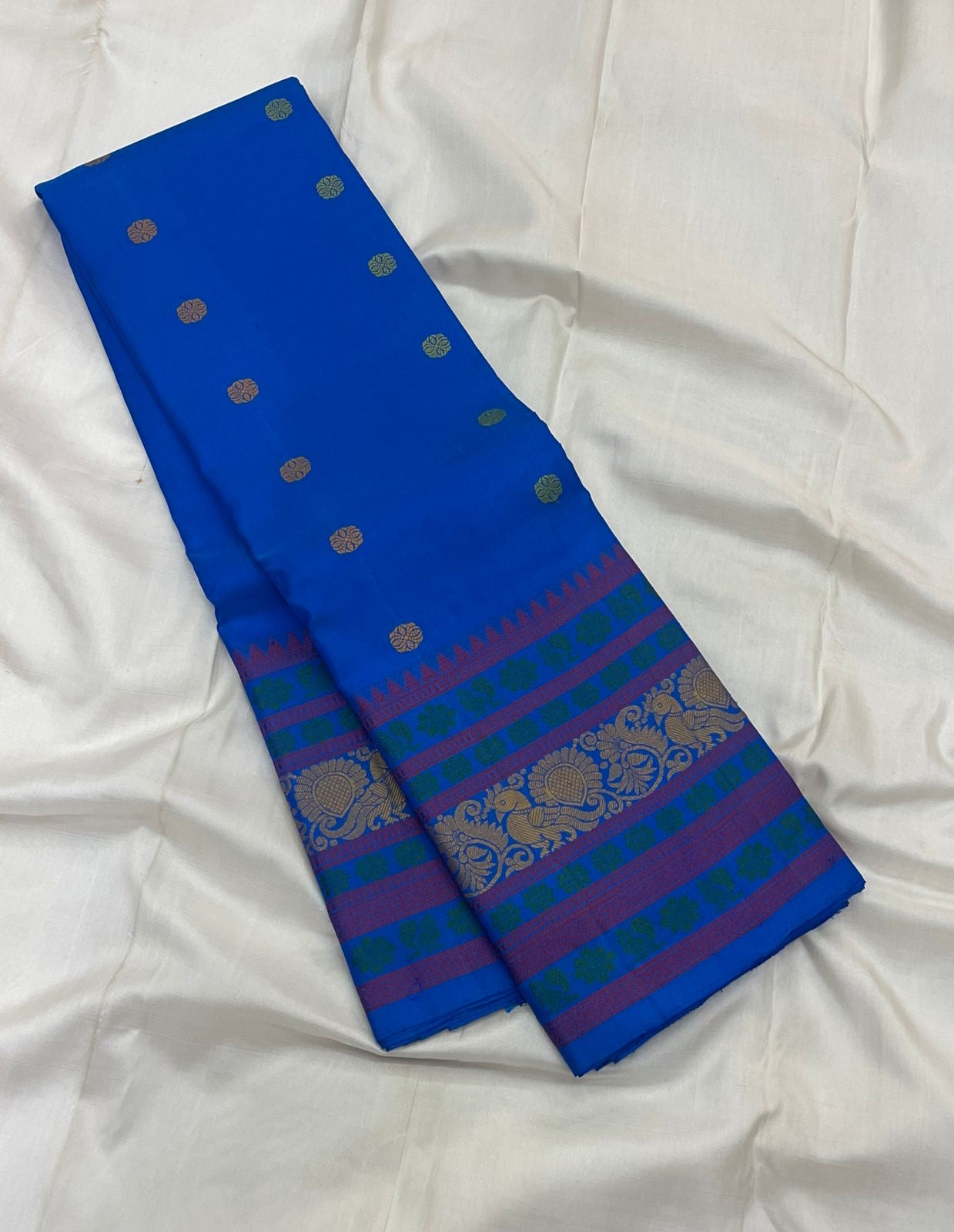 Rich multi-colour pattupet pallu in gold zari on cerulean blue Kanjivaram silk saree — Idam Living