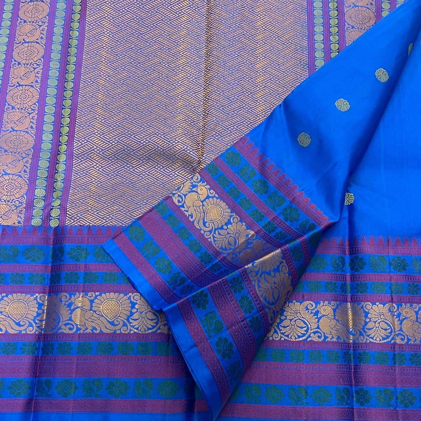 Crimson and teal pattupet border in gold zari on cerulean blue pure silk Kanchipuram saree — Idam Living