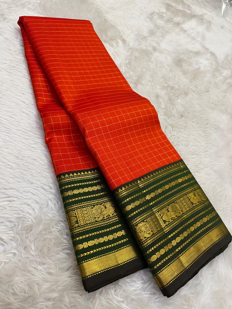 Pure silk Kanchivaram saree with fine zari kattam grid and traditional heritage antique gold weaving