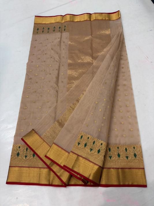 Champagne and gold festive Pattu Silk Chanderi saree