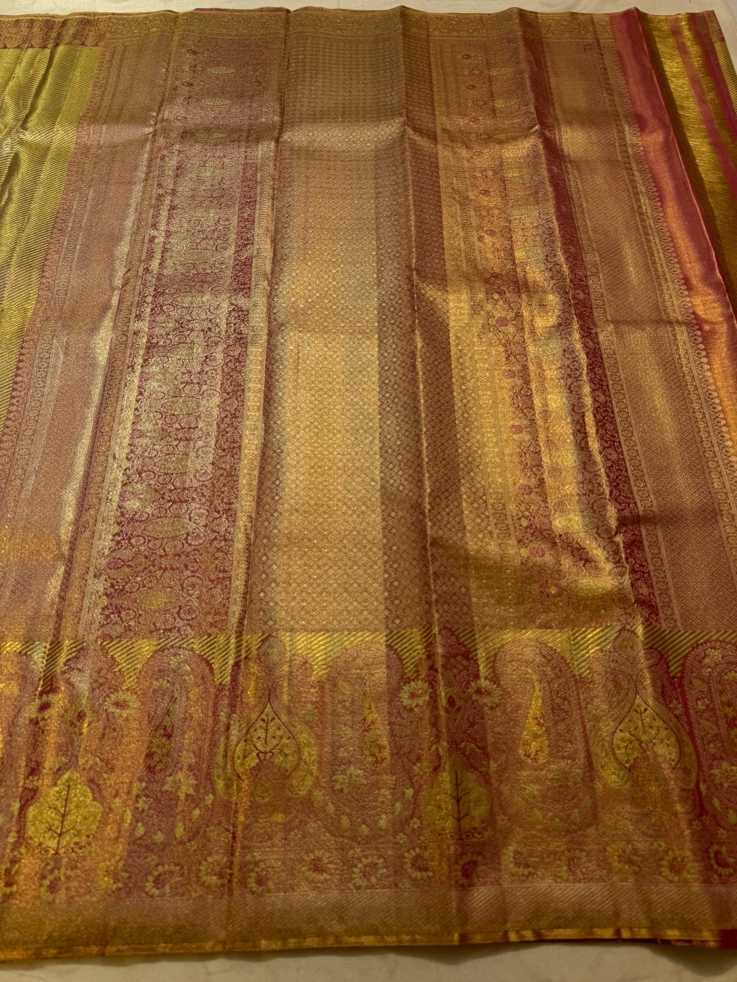 Champagne Gold Handwoven Pure Silk Kanjipuram Saree with Antique Rose Ornamental Border