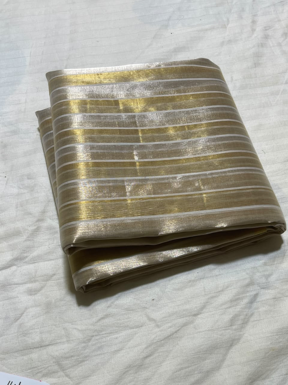 Champagne gold and silver striped Jari Silk Chanderi saree by Idam Living