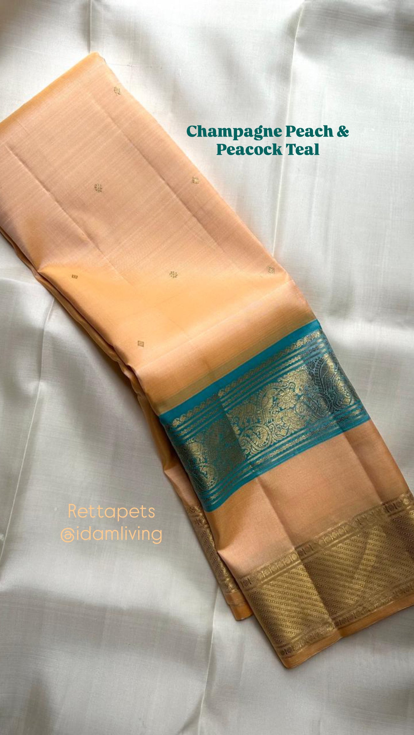 Front view of champagne peach and peacock teal Rettapet Kancheepuram saree
