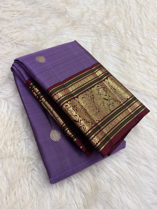 Kurinji Violet Pure Silk KanchiPattu Peacock Butta Saree with Maroon Zari Border – view 2