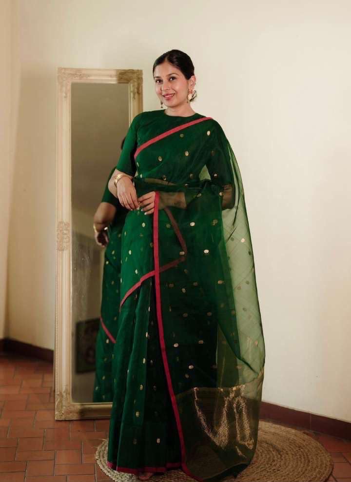 Fresh green handwoven Chanderi Katan silk saree, full saree view — Idam Living