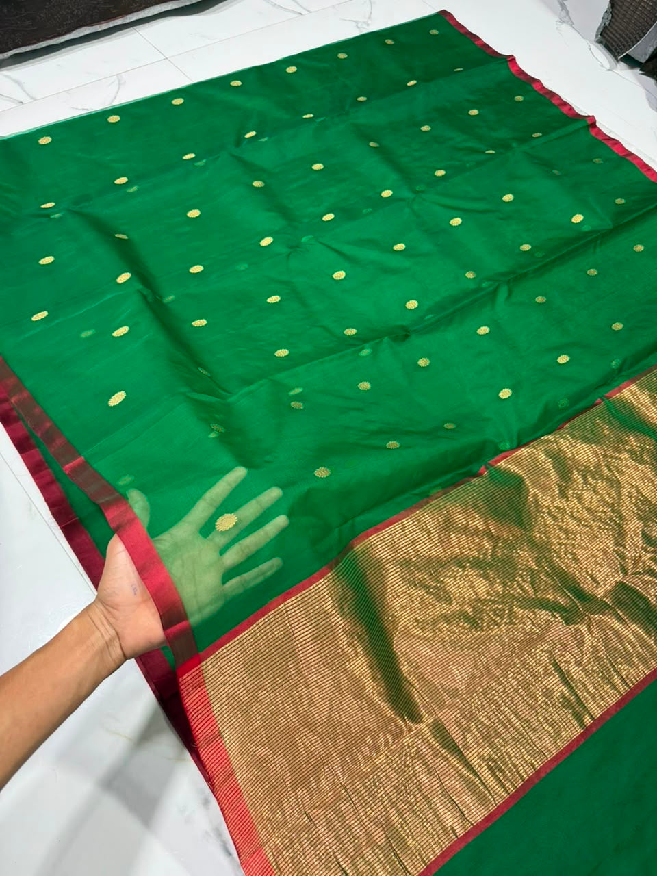 Fresh green Chanderi Katan silk saree, gold butta body detail