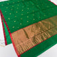 Gold zari border with pink-red edge on fresh green Chanderi saree