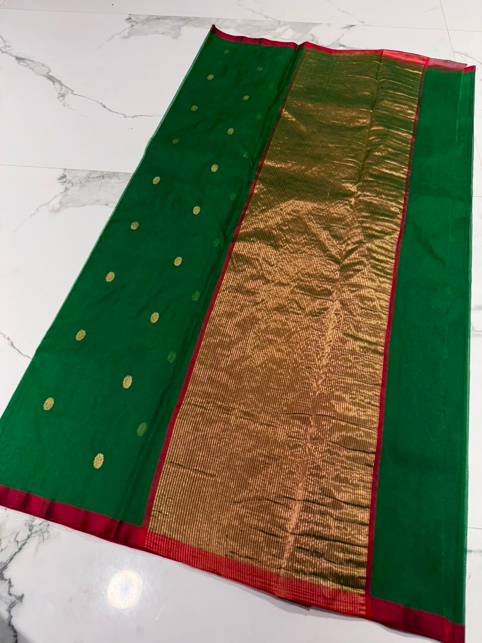 Fresh green Chanderi Katan silk saree, pallu detail