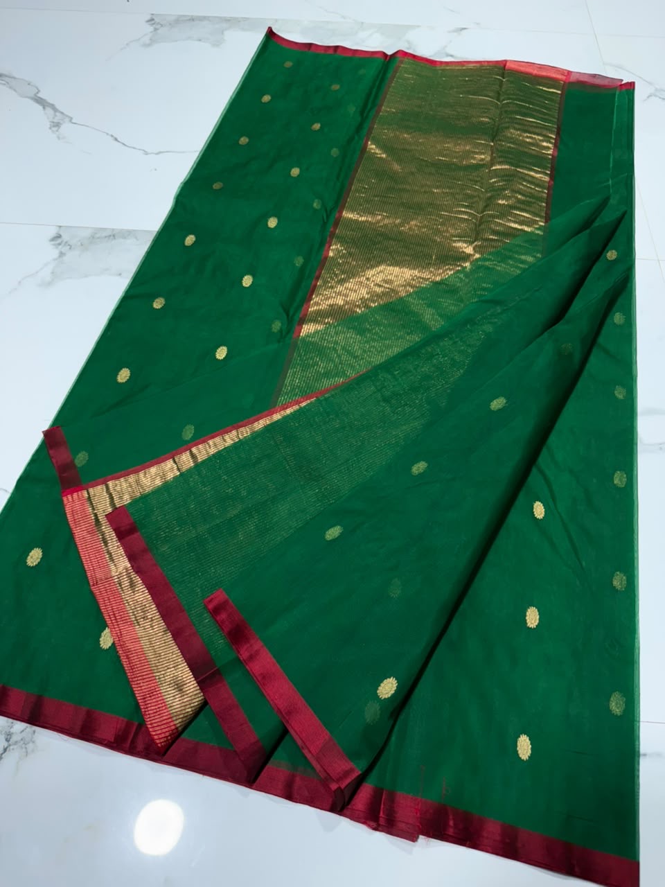 Fresh green Chanderi Katan silk saree, zari detail close-up