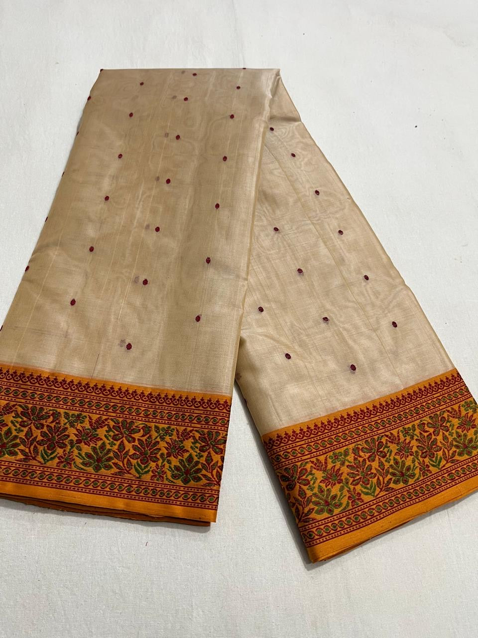 Warm Ivory Handwoven Chanderi Saree in Katan Silk with Maroon Floral Border
