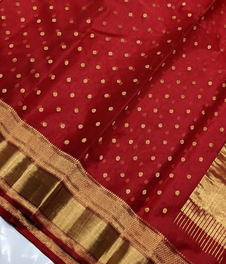 Vermilion red handwoven Chanderi Katan silk saree, full saree view — Idam Living