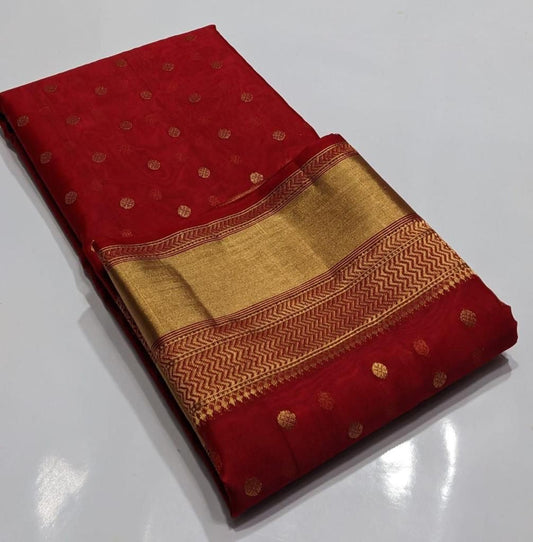 Vermilion red Chanderi Katan silk saree, gold butta body detail