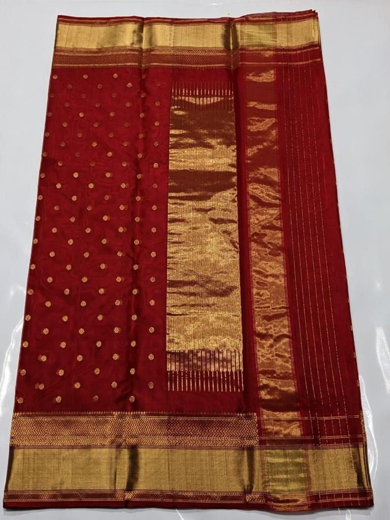 Vermilion red Chanderi Katan silk saree, pallu detail with alternating zari sections