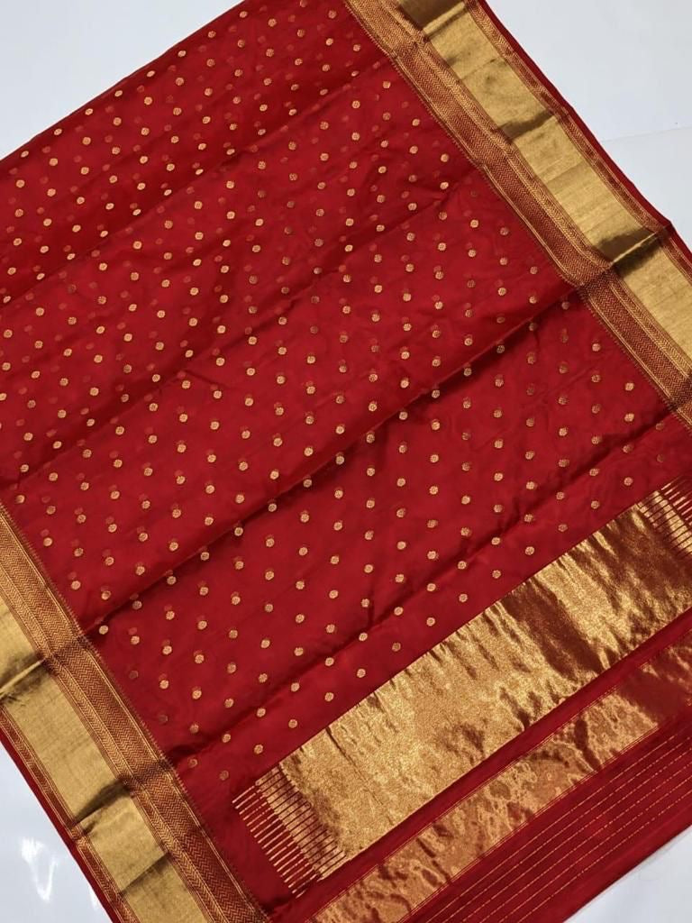Vermilion red Chanderi Katan silk saree, folded view
