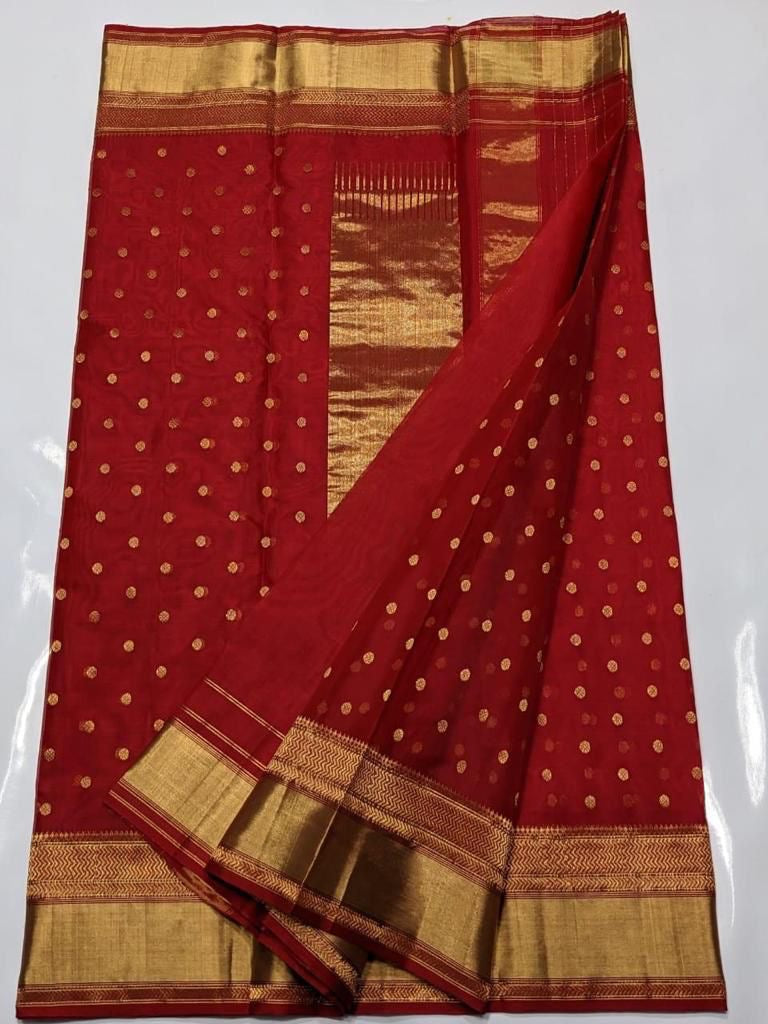 Vermilion red Chanderi Katan silk saree, zari border close-up