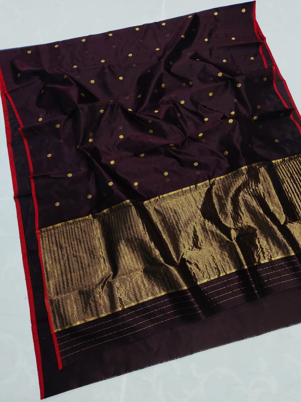 Deep aubergine handwoven Chanderi Pattu silk saree, full saree view — Idam Living