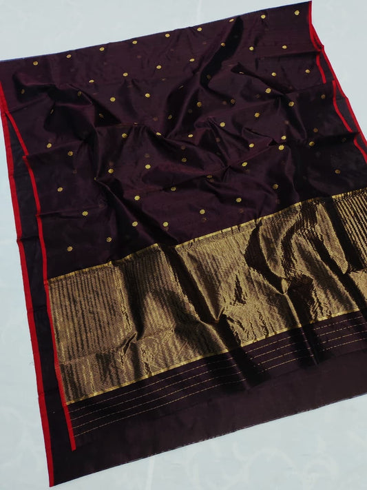 Deep aubergine handwoven Chanderi Pattu silk saree, full saree view — Idam Living