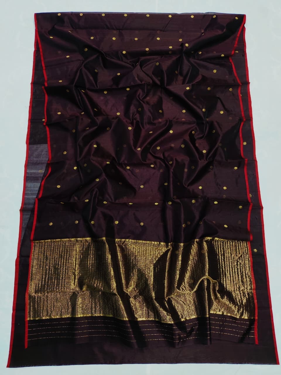 Deep aubergine Chanderi Pattu silk saree, body and gold butta detail