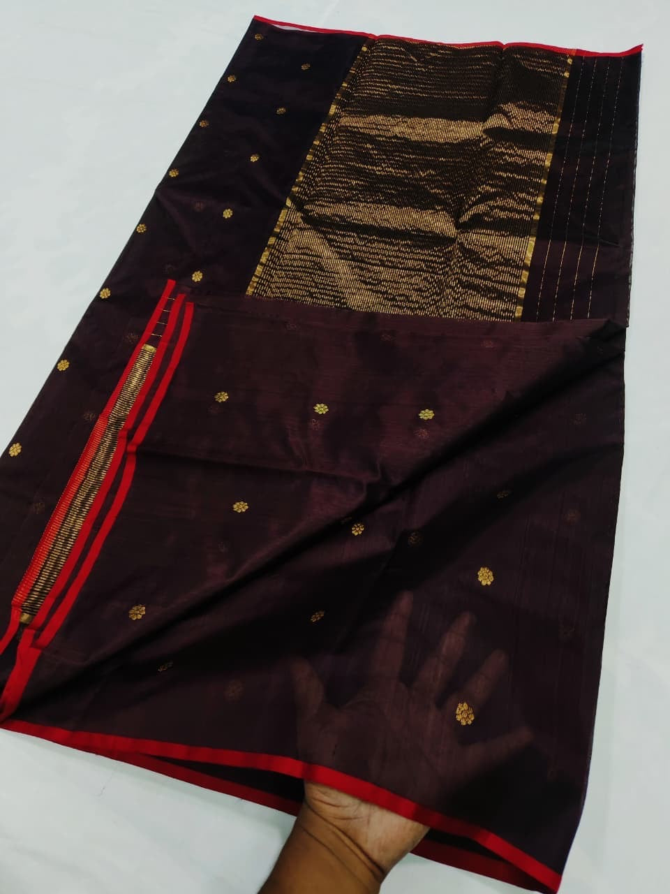 Deep aubergine Chanderi Pattu silk saree, folded view