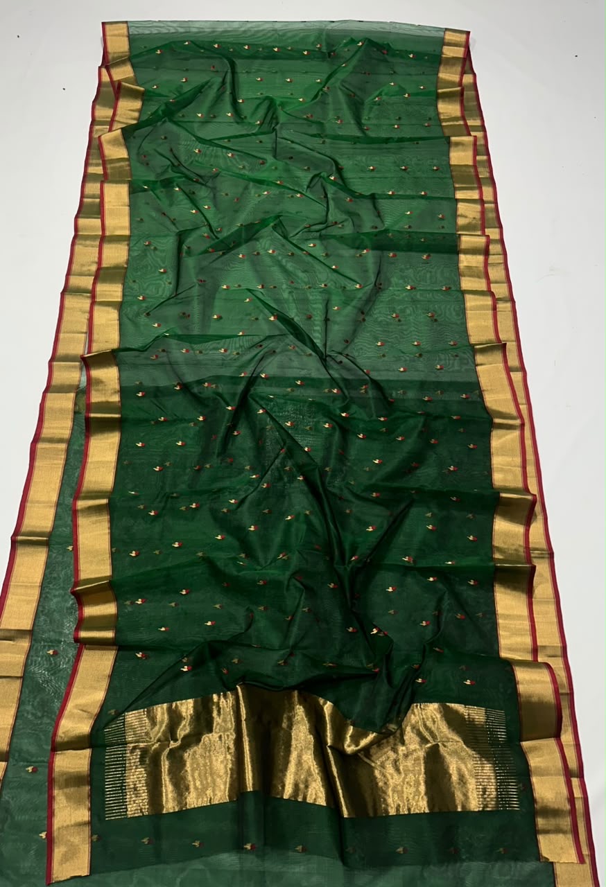 Emerald green Chanderi Pattu silk saree, full drape on model