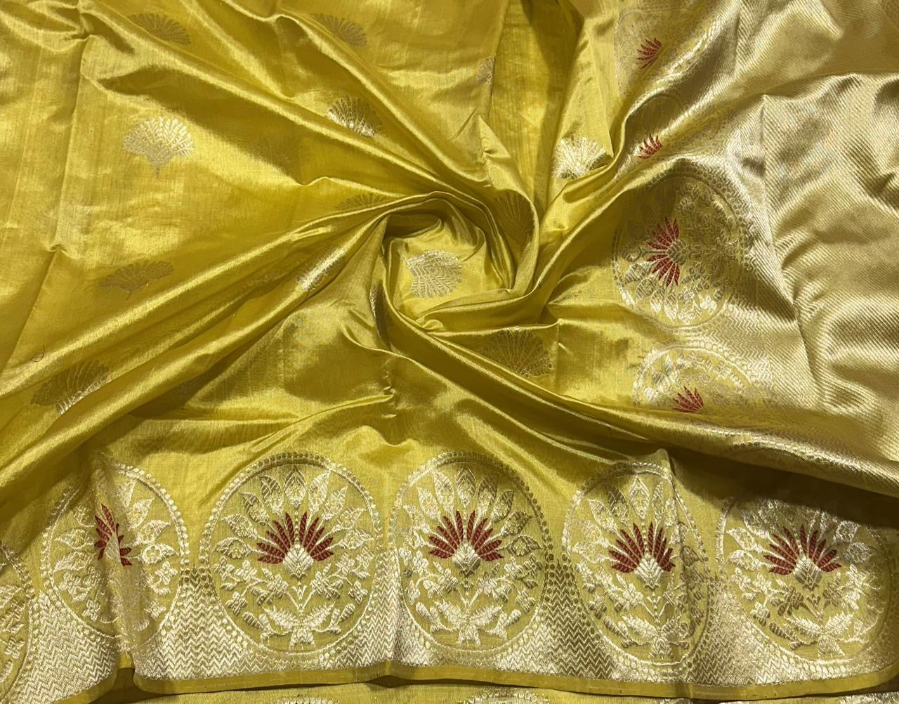 Golden yellow handwoven Chanderi Pattu silk saree, full saree view — Idam Living