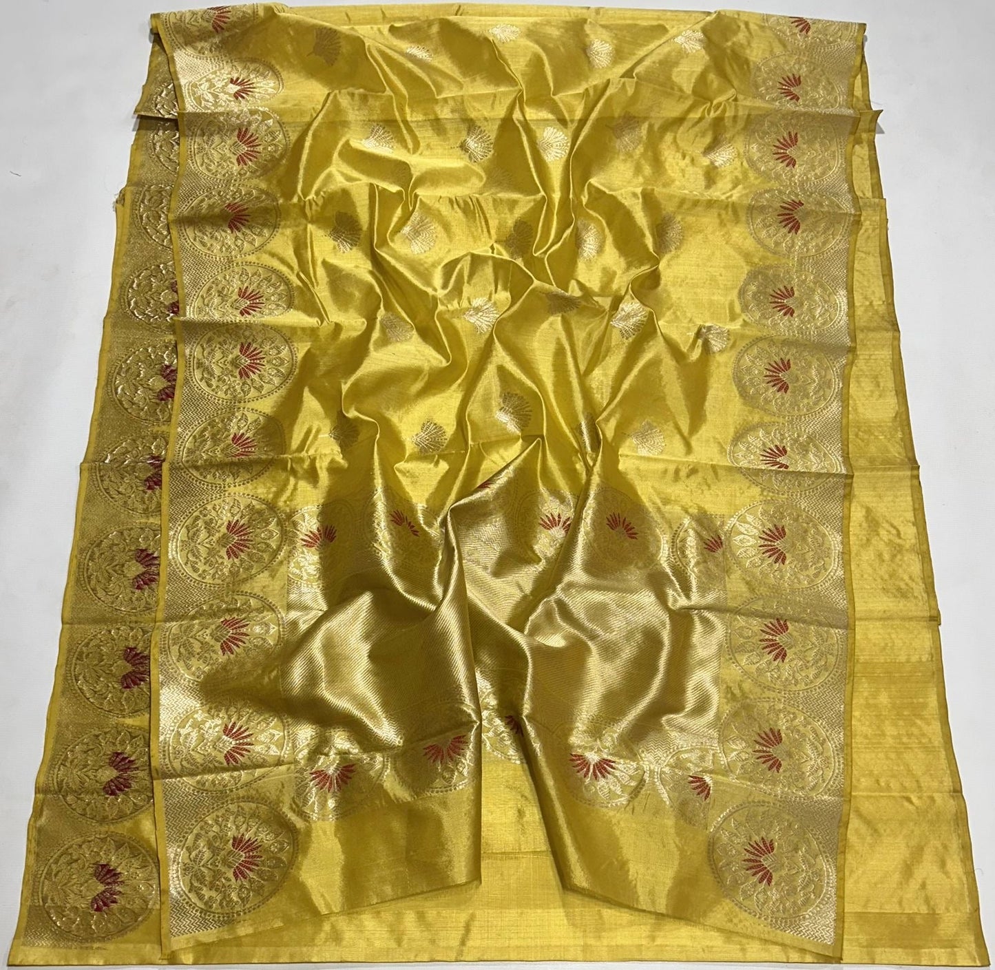 Golden yellow Chanderi Pattu silk saree, woven motif body detail