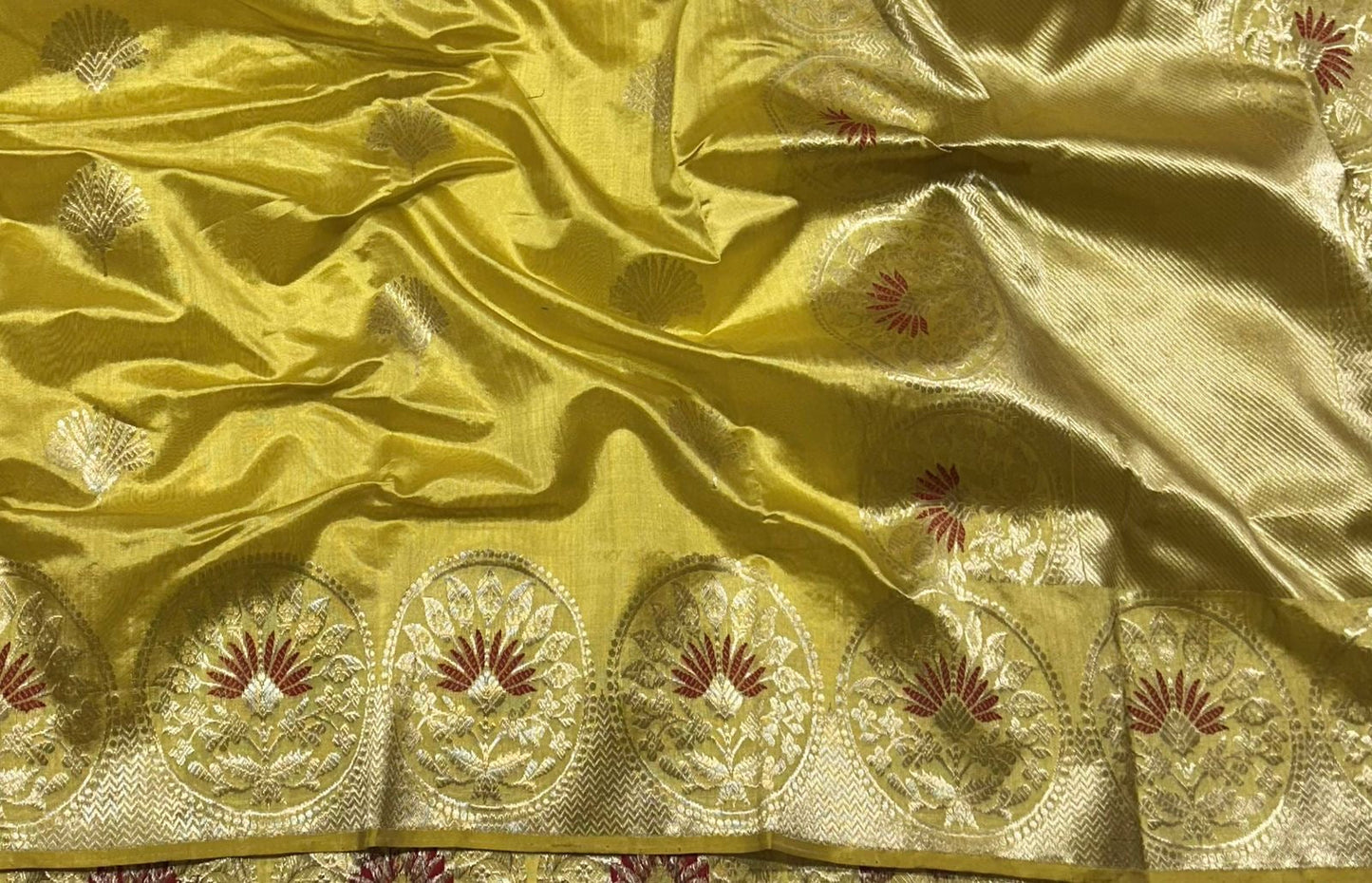 Golden yellow Chanderi Pattu silk saree, pallu detail