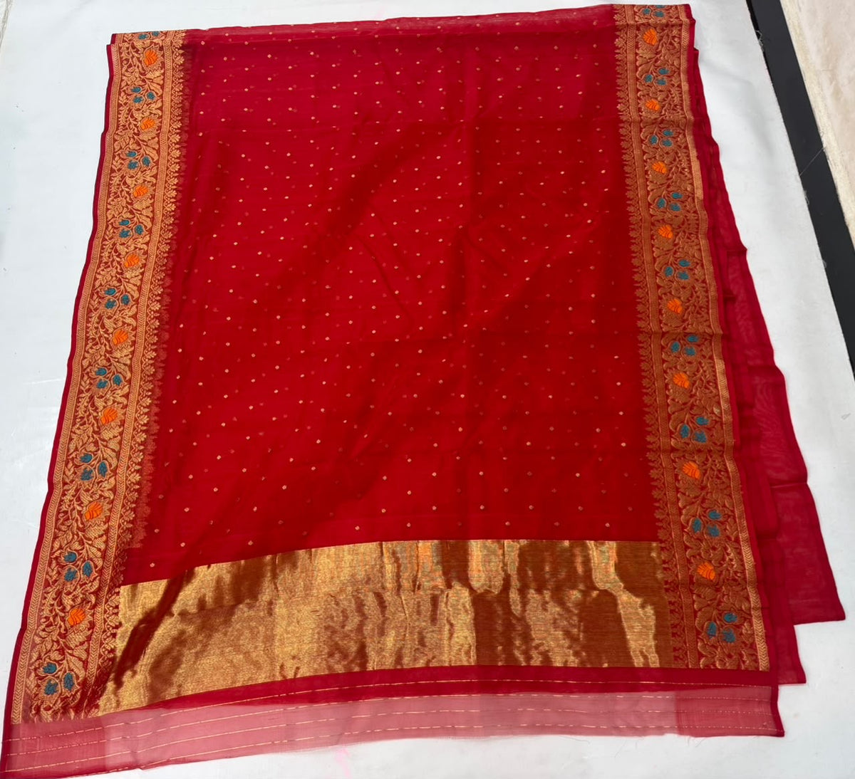 Vermilion red Katan Silk Chanderi saree with tiny gold butis