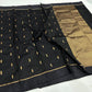 Antique-gold diamond-lattice pallu of midnight black Chanderi saree