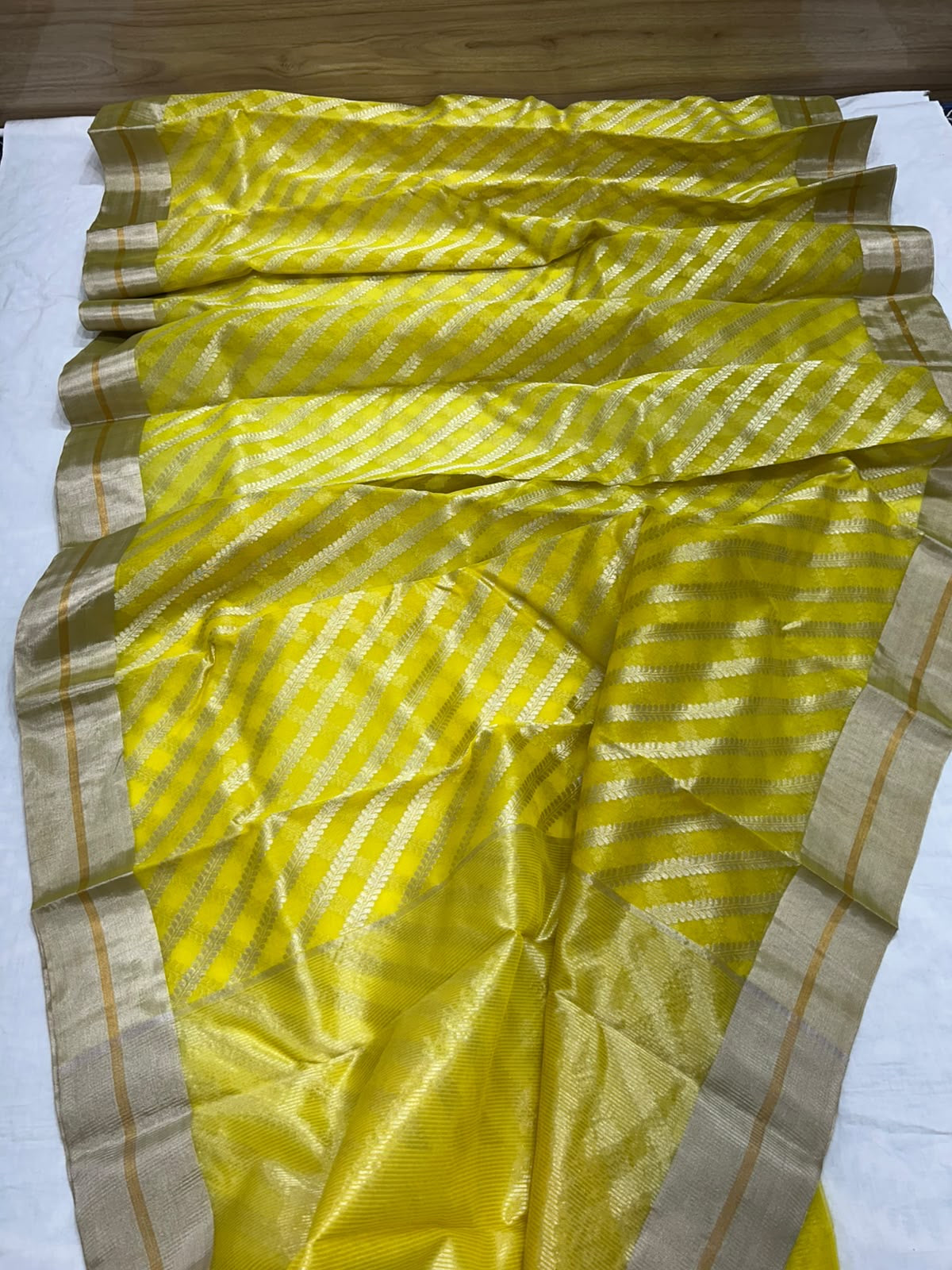Sunlit Turmeric Yellow Diagonal Zari Katan Silk Chanderi Saree, front and border view