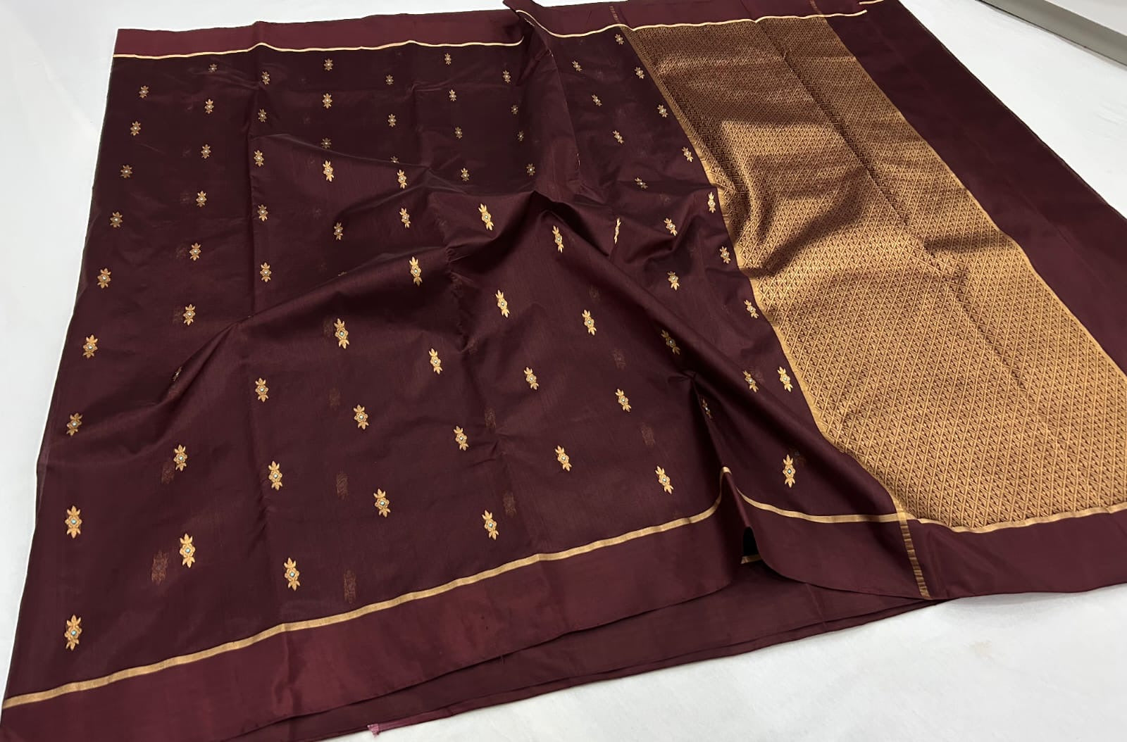 Deep burgundy Handloom Chanderi saree with restrained gold zari detailing