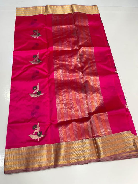 Woven floral sprig motifs on Vadamalli pink Chanderi silk