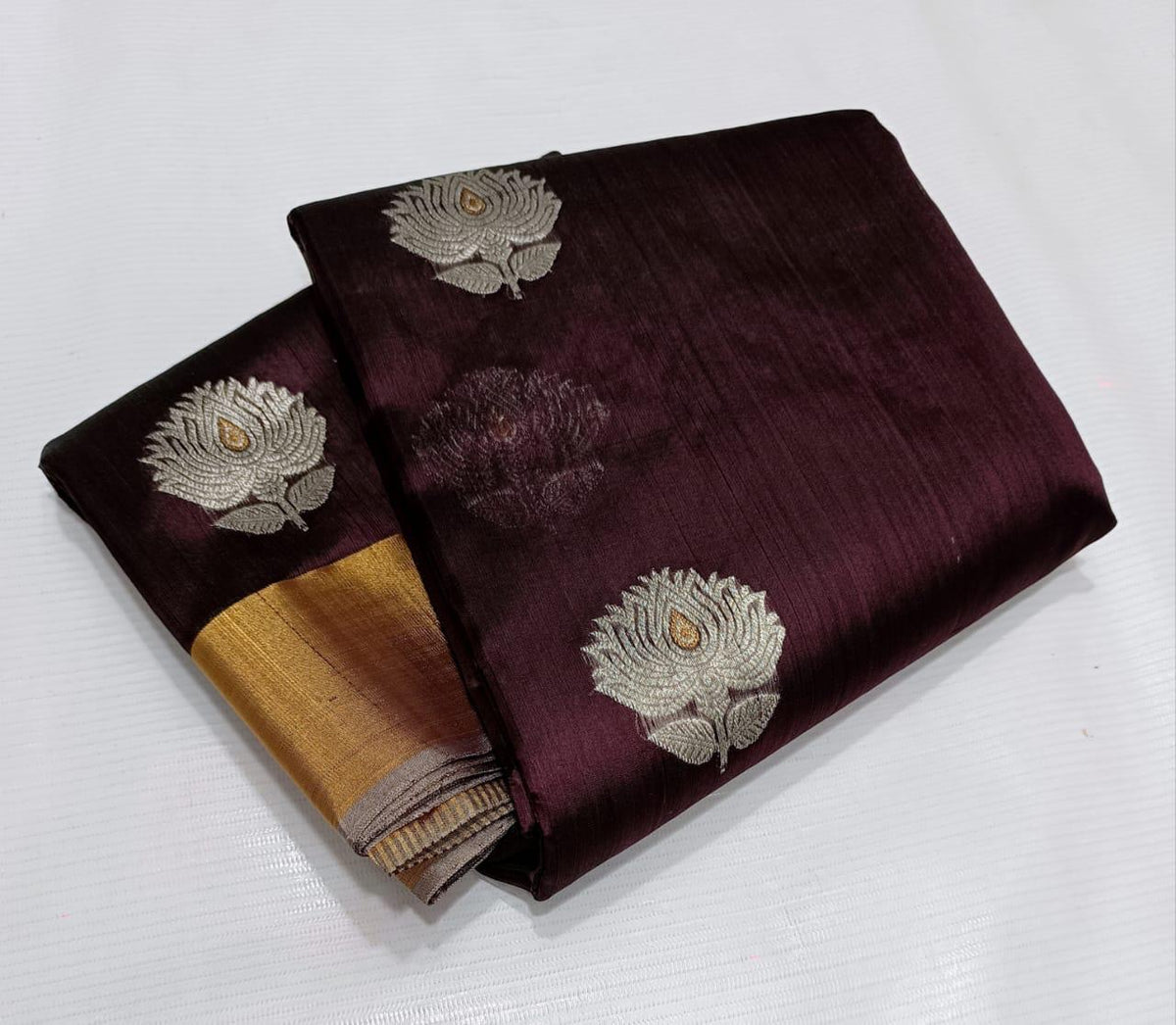 Deep jamun plum Chanderi silk with silver-toned floral buttas